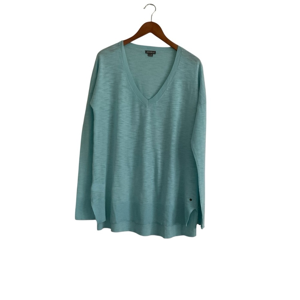 Eddie Bauer Womens V Neck Sweater XL Teal Quiet Luxury Comfort Lightweight Beach